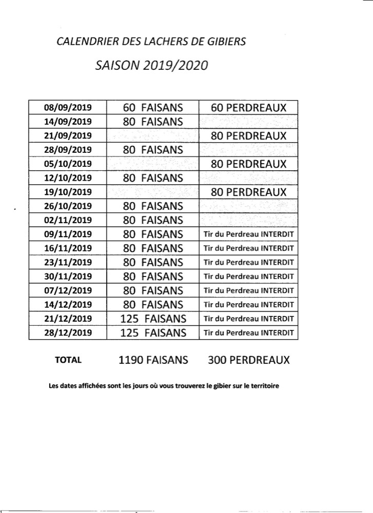 Calendrier des lâchers de gibiers saison 2019/2020