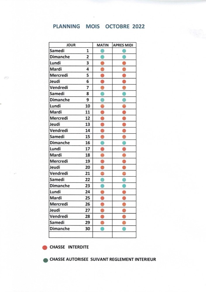 Planning mois octobre 2022